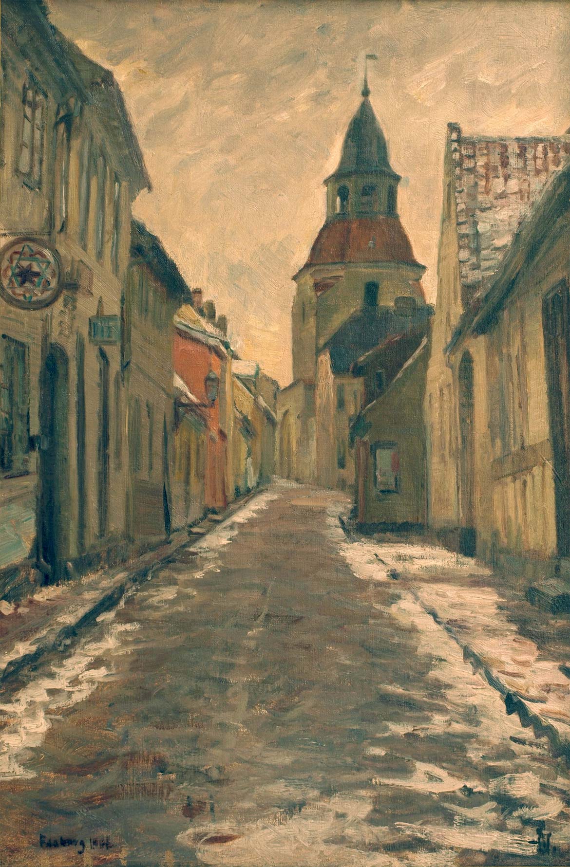 Albert Gottschalk, Gadeparti med Klokketårnet i Faaborg, 1901. Faaborg Museum.